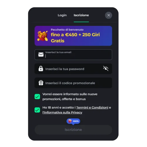 Procedura di registrazione Bet On Red Casino